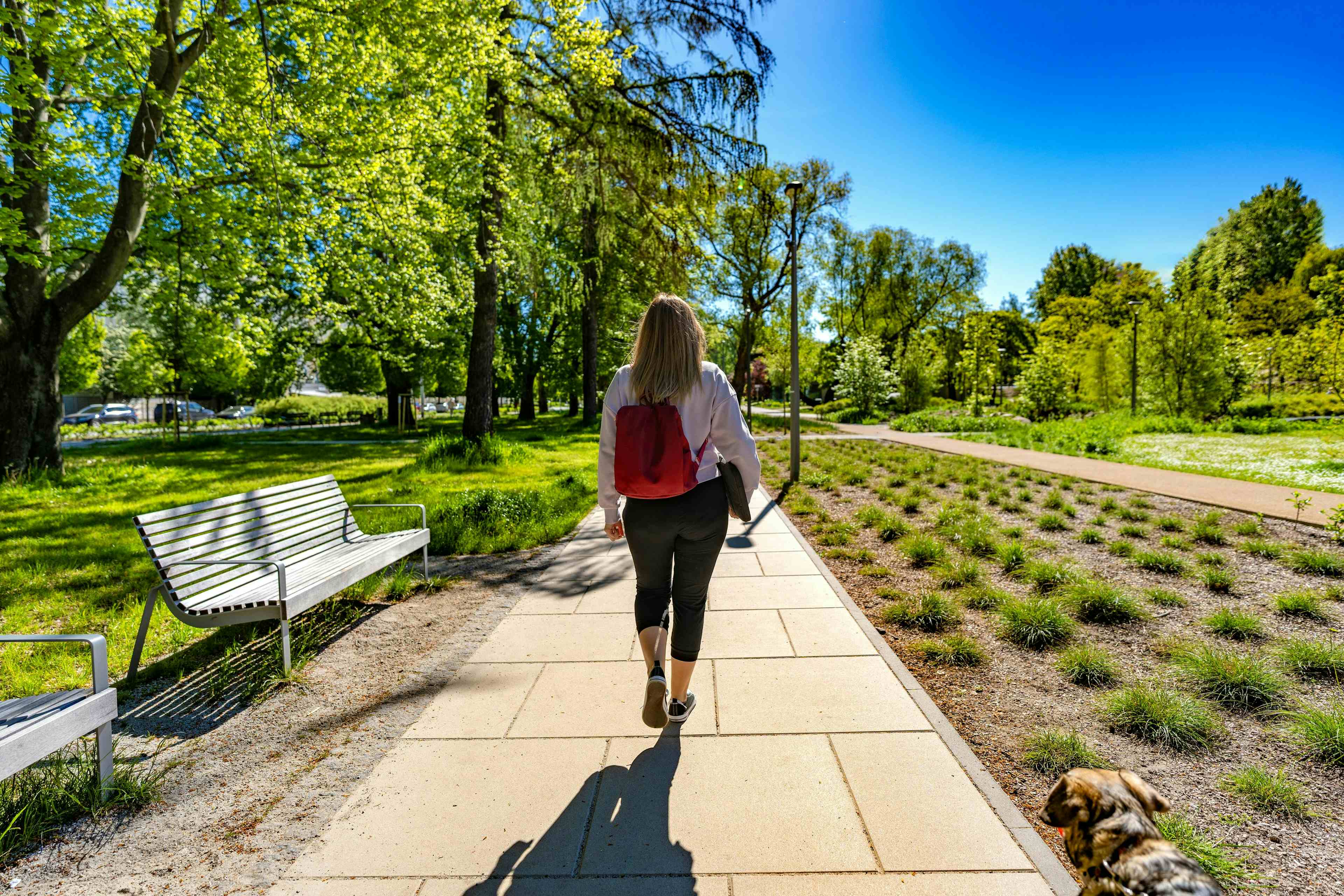 Teen walking on a path with backpack and laptop