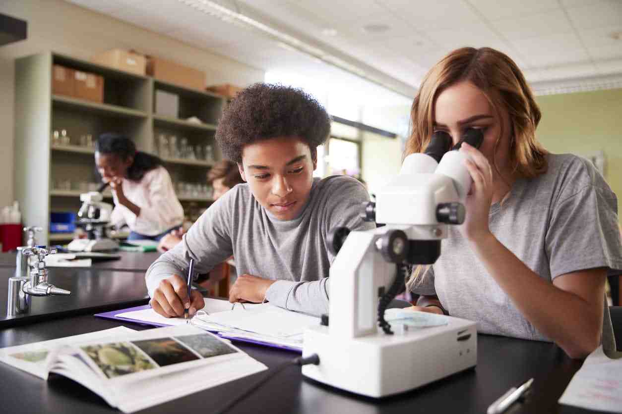 High school students working together in a science lab, with one student observing through a microscope and another taking notes. The classroom is equipped with lab materials, textbooks, and other students engaged in scientific study in the background.