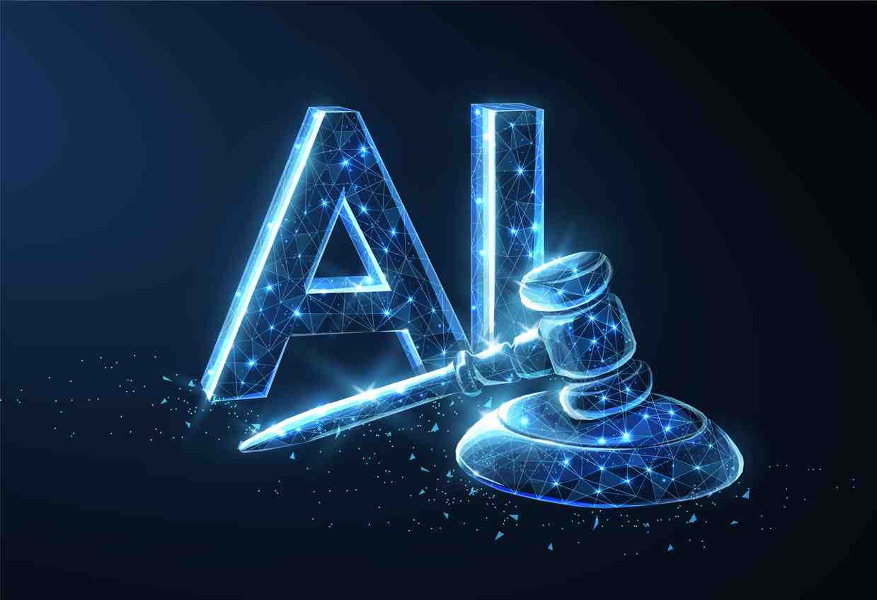 Illustration of AI (Artificial Intelligence) text made of glowing digital wireframe, next to a gavel symbolizing legal considerations or regulations in AI. The background is dark with a futuristic, blue neon design.