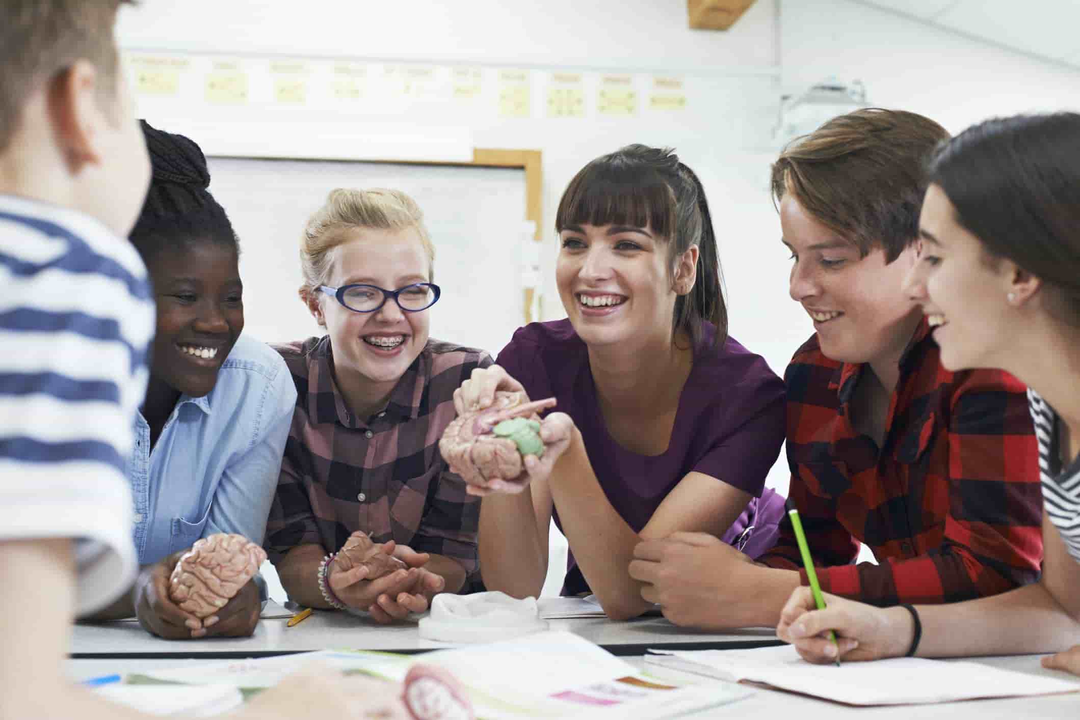 Group of diverse students smiling and learning together with a brain model in a classroom setting. A teacher holds the brain model while the students engage and interact with the learning material.