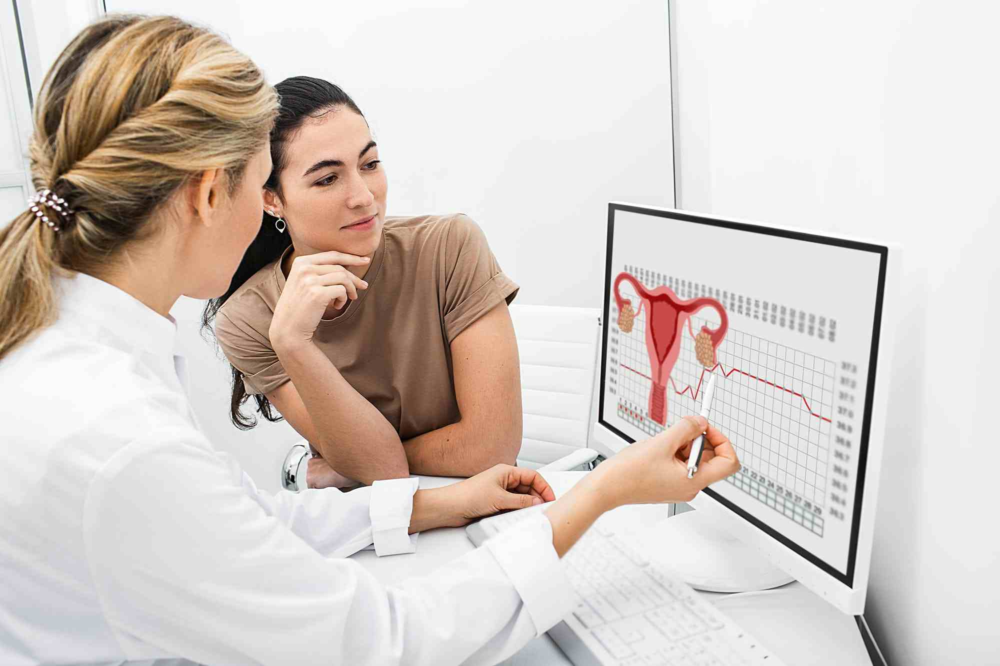 Female doctor showing a patient a diagram of the female reproductive organs on a computer